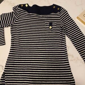 Tory Burch Navy and Cream Striped Top with Gold Button